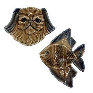 VTG Wade England Pekingese Dog & Angel Fish Tea Bag Holders Trinket Dishes